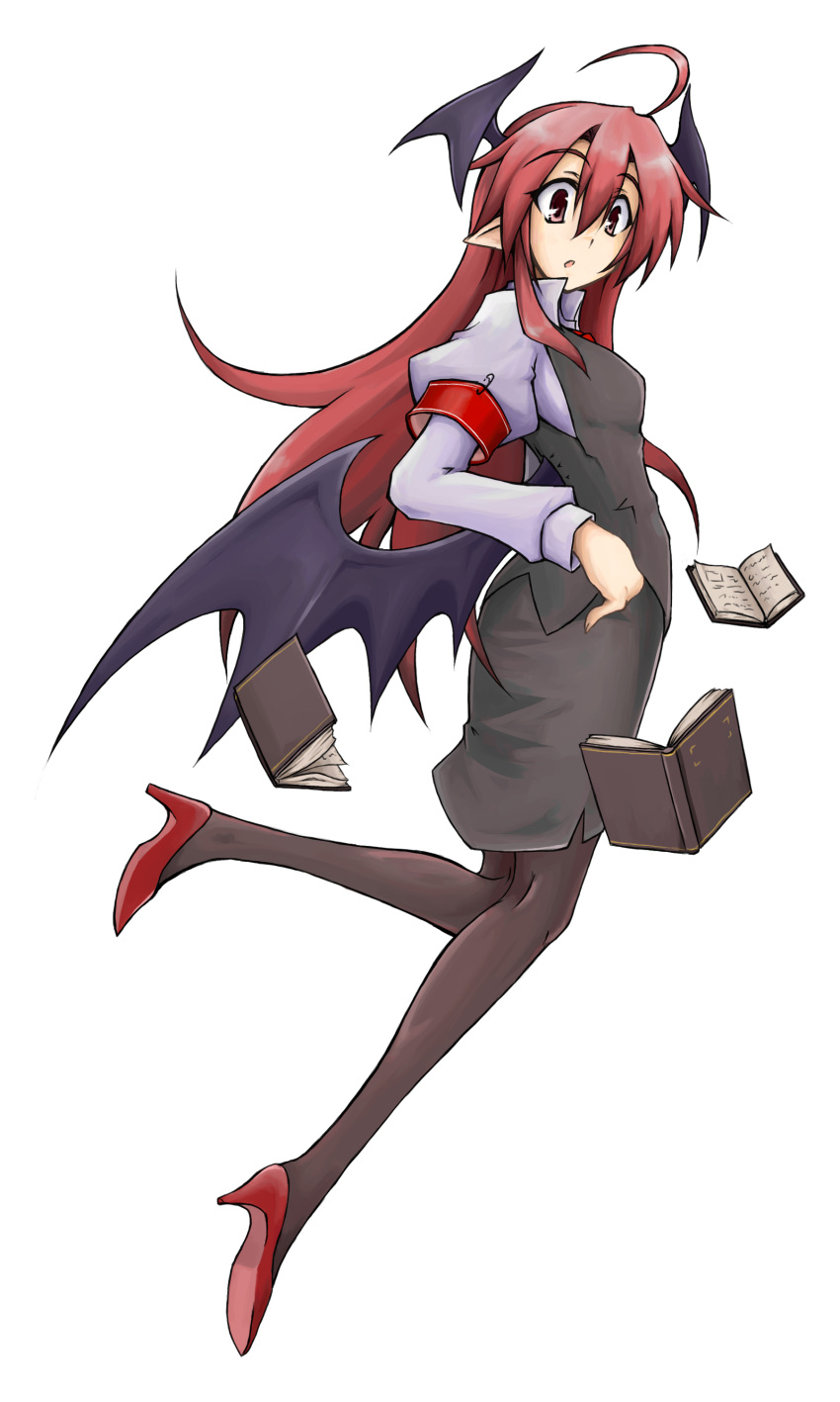 ahoge armband bat_wings book head_wings headwings hemogurobin_a1c high_heels highres koakuma long_hair pantyhose pointy_ears red_eyes red_hair redhead shoes solo touhou transparent_background wings