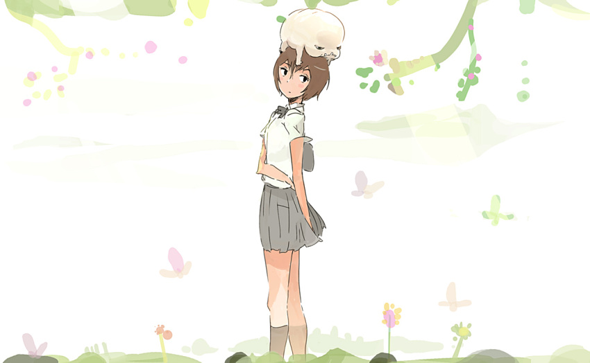 cencoroll flower monster object_on_head school_uniform short_hair skirt uki_atsuya yuki_(cencoroll)