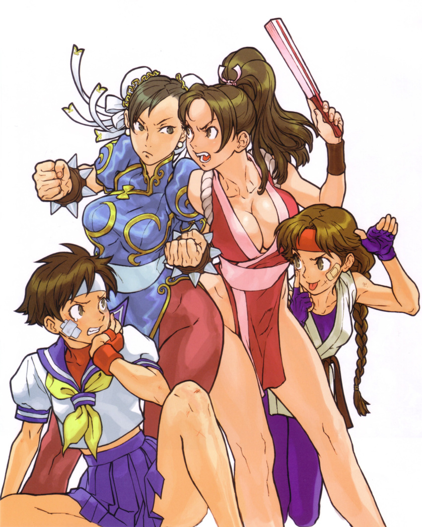 bandaid bracelet braid breasts brown_eyes brown_hair bun_cover capcom china_dress chinese_clothes chun-li cleavage double_bun fan fatal_fury fingerless_gloves gloves headband highres japanese_clothes jewelry kasugano_sakura king_of_fighters large_breasts nishimura_kinu pantyhose ponytail ryuuko_no_ken sakazaki_yuri scan school_uniform shiranui_mai single_braid snk spandex spiked_bracelet spikes street_fighter yuri_sakazaki