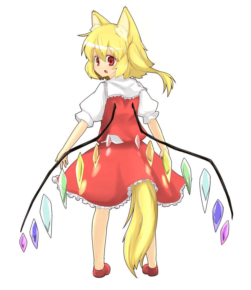 animal_ears arikichi_gen bad_id blonde_hair flandre_scarlet highres kemonomimi_mode looking_back no_hat no_headwear ponytail red_eyes short_hair side_ponytail solo standing tail touhou transparent_background wings