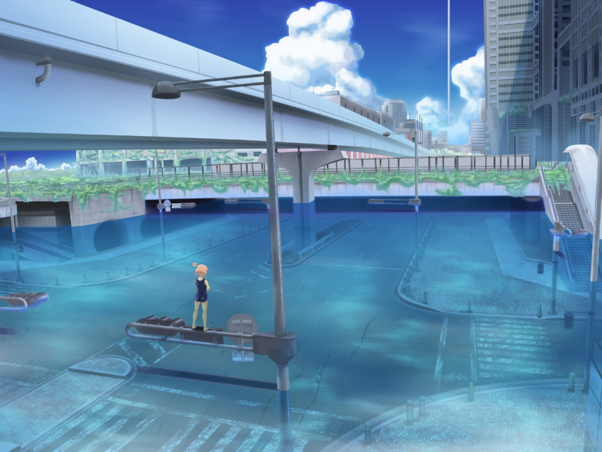 building city cityscape cloud clouds flood nukunuku_(hinataboltuko) one-piece_swimsuit original overgrown real_world_location ruins scenery school_swimsuit sky solo standing swimsuit tokyo_(city) water