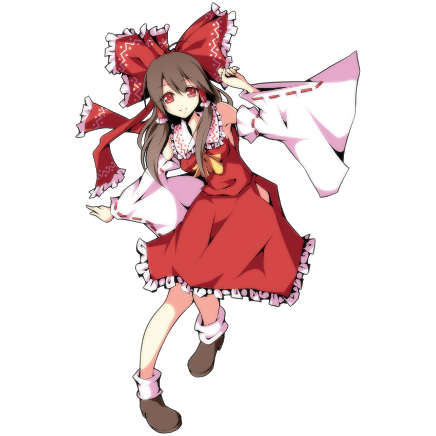 bad_id bow brown_hair detached_sleeves hair_bow hakurei_reimu hands highres kisaichi_jin large_bow red_eyes solo touhou transparent_background