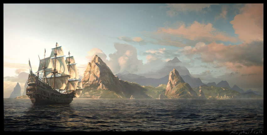 assassin's_creed_(series) assassin's_creed_iv:_black_flag blue_sky clouds cloudy_sky commentary english_commentary highres island landscape mountain no_humans ocean painterly pirate_ship raphael-lacoste sail sailing_ship scenery signature sky sunlight water waves