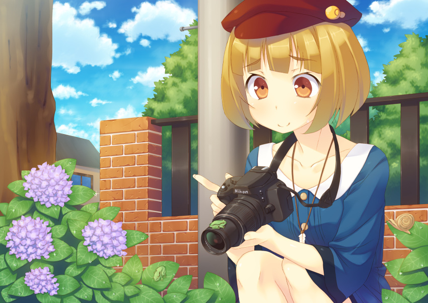 1girl blonde_hair blush brown_eyes camera cloud flower frog hat highres house hydrangea jewelry kazushiki_midori leaves lens looking_down necklace original short_hair sky smile snail solo squatting strap wet