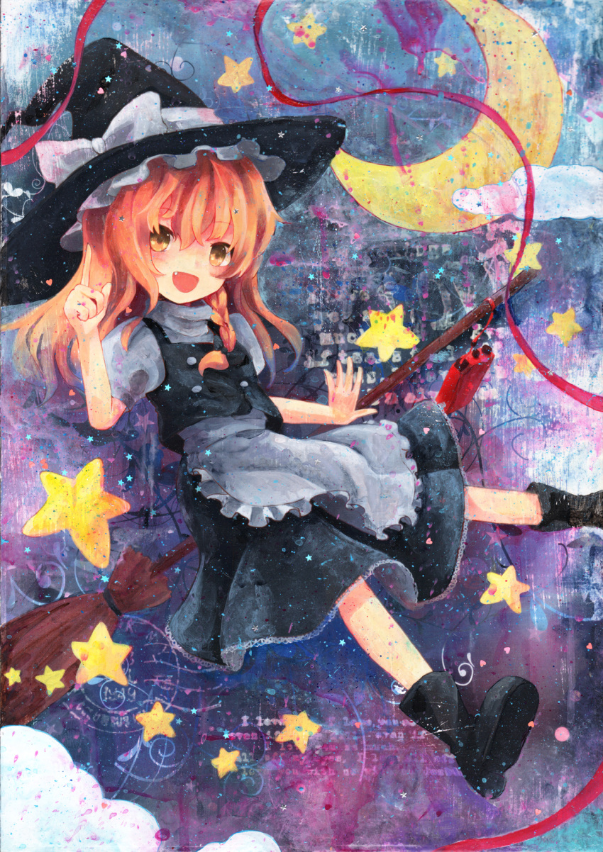 acrylic_paint_(medium) apron bad_id black_dress blonde_hair boots braid broom broom_riding dress fang flying hat hat_ribbon highres kirisame_marisa long_hair moon nanashina open_mouth pointing pointing_up ribbon shirt smile solo star touhou traditional_media waist_apron witch witch_hat yellow_eyes