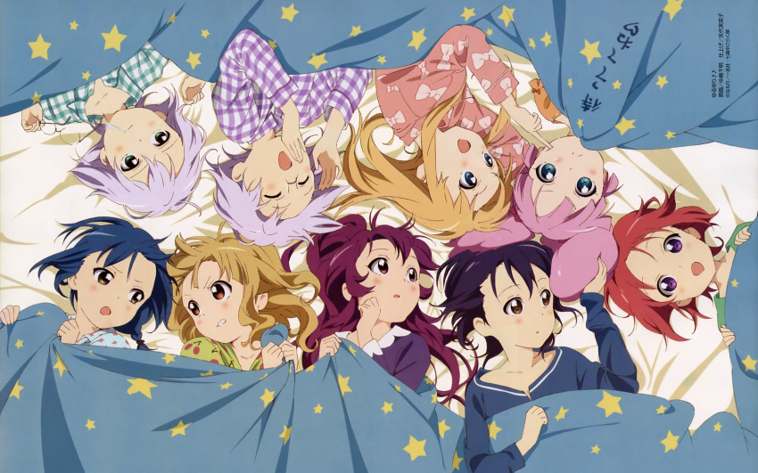 6+girls 9girls akaza_akari blanket blue_eyes blue_hair brown_eyes cheek_poke drooling everyone eyes_closed frown funami_yui furutani_himawari glasses glasses_in_hand glasses_removed green_eyes hair_bobbles ikeda_chitose ikeda_chizuru lavender_hair long_hair long_sleeves lying nakajima_chiaki namori oomuro_sakurako open_mouth pajamas pink_hair poking ponytail red_hair short_hair siblings sisters sugiura_ayano toshinou_kyouko translation_request tsundere twins twintails under_covers violet_eyes violet_hair wallpaper wavy_hair yoshikawa_chinatsu yuru_yuri