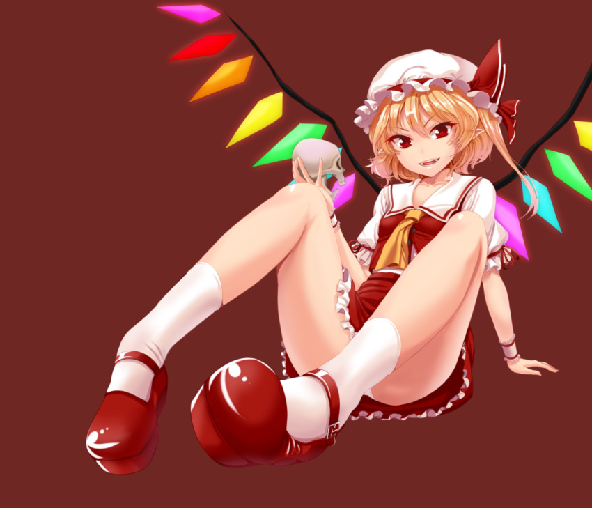 arm_support ascot bare_legs blonde_hair collarbone colored face fangs flandre_scarlet foreshortening hat legs mary_janes panties pantyshot pantyshot_(sitting) pantyshot_sitting pointy_ears red_background red_eyes revision shoes short_hair side_ponytail simple_background sitting skirt skull smirk socks solo touhou tsurime underwear upskirt vest white_legwear white_panties wings wrist_cuffs yonggi