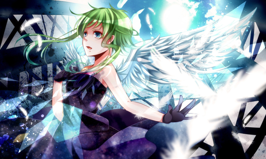 angel_wings bare_shoulders blue_eyes cross dress feathered_wings feathers gloves green_hair gumi highres looking_away necklace nou open_mouth short_hair singing solo vocaloid wings