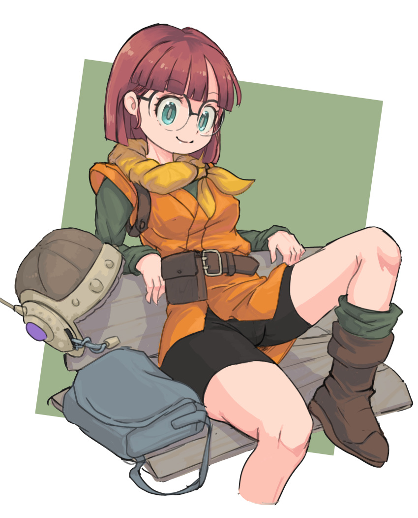 1girl absurdres belt bench bike_shorts black_shorts blunt_bangs blunt_ends boots border brown_belt brown_boots chrono_trigger closed_mouth covered_nipples foot_out_of_frame glasses green_background green_eyes green_socks grey_bag grey_shirt hashtag-only_commentary headset helmet highres lucca_ashtear neckerchief okera orange_tunic parted_bangs purple_hair shirt short_hair shorts sitting smile socks solo tunic unworn_headwear unworn_helmet white_border yellow_neckerchief