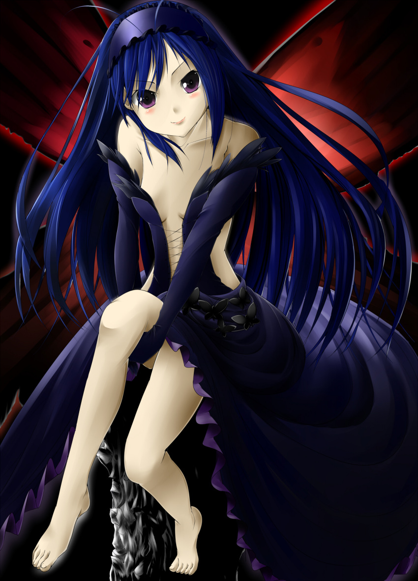 antenna_hair bare_shoulders blush butterfly butterfly_wings elbow_gloves feet gloves hairband highres kuroyukihime long_hair looking_at_viewer purple_eyes smile tyappygain violet_eyes wings