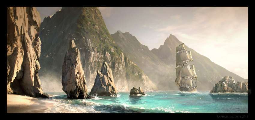 assassin's_creed_(series) assassin's_creed_iv:_black_flag clouds cloudy_sky commentary english_commentary flock highres island mountain mountainous_horizon ocean outdoors painterly pirate_ship raphael-lacoste rock sailing_ship sand scenery shore sky sunlight waves