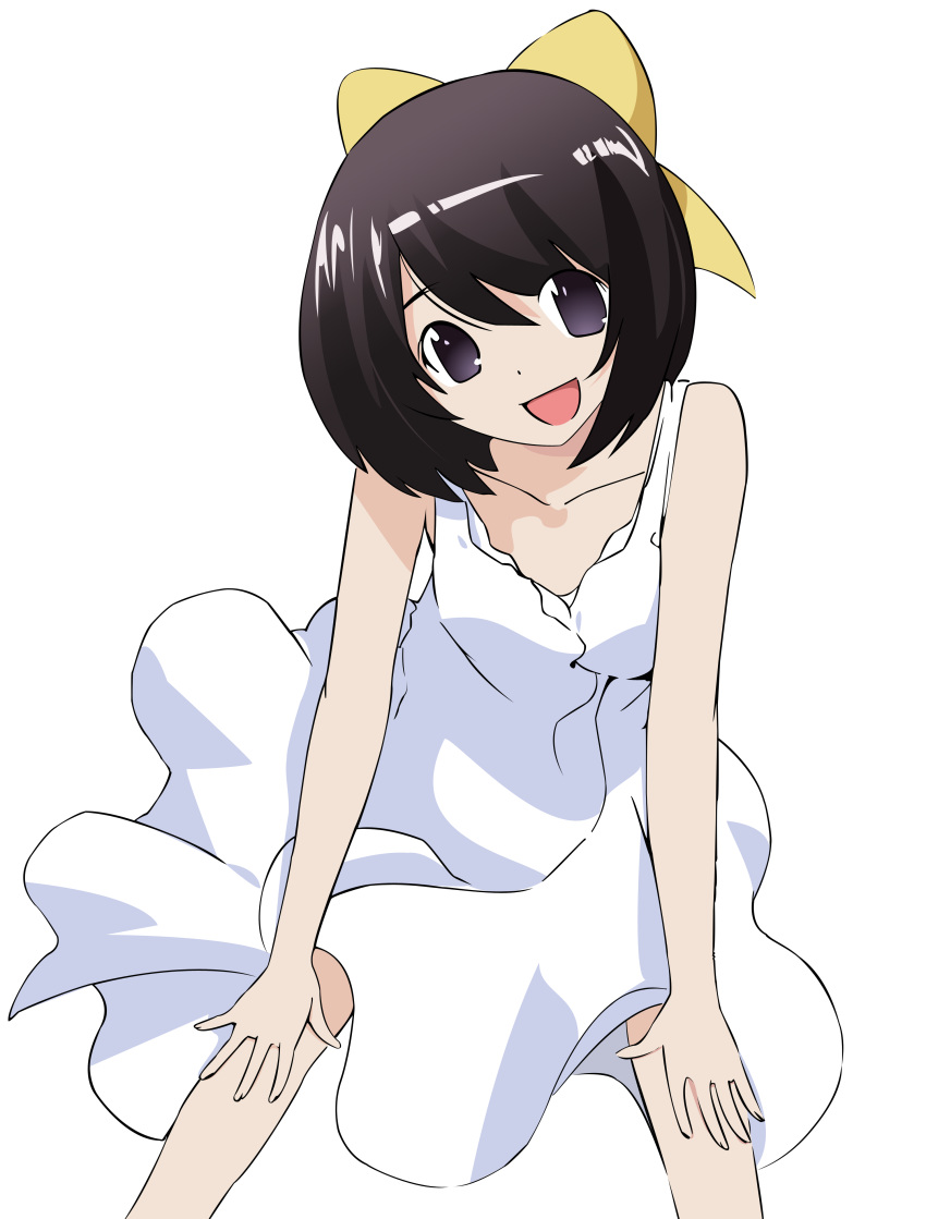 1girl absurdres bare_shoulders black_hair bow colored dress elsea_de_lute_irma hair_bow highres kami_nomi_zo_shiru_sekai nakagawa_kanon_(cosplay) purple_eyes short_hair sundress vector_trace violet_eyes wakaki_tamiki white_dress