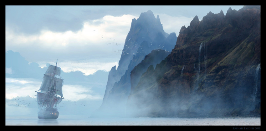 assassin's_creed_(series) assassin's_creed_iv:_black_flag cliff clouds cloudy_sky commentary english_commentary flock fog island mountain no_humans ocean outdoors painterly pirate_ship raphael-lacoste sailing_ship scenery sky water waterfall