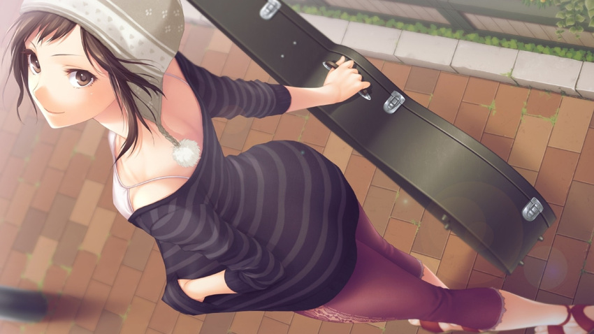 artist_request back brown_eyes brown_hair camisole down_blouse f-cla from_above from_behind guitar_case hand_in_pocket hat highres instrument_case leggings light_smile looking_up original sandals sidewalk sleeves_pushed_up wind
