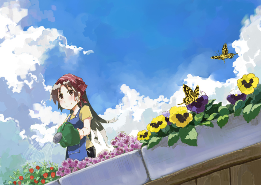 apron blush brown_eyes brown_hair butterfly flower head_scarf headscarf kannasetsuna long_hair looking_at_viewer original smile solo watering_can