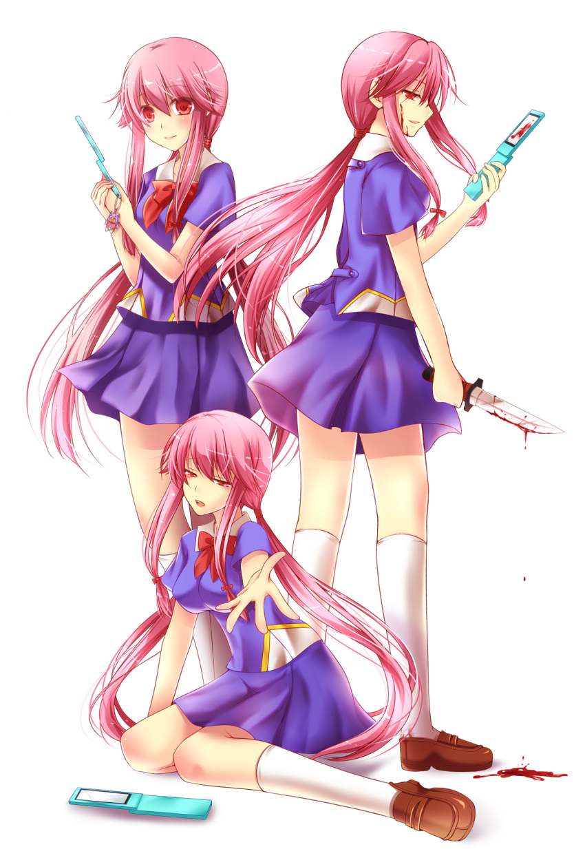 blood bow cellphone from_behind gasai_yuno highres kirise knife long_hair looking_back mirai_nikki phone pink_hair red_eyes school_uniform sitting skirt smile solo tears twintails very_long_hair weapon