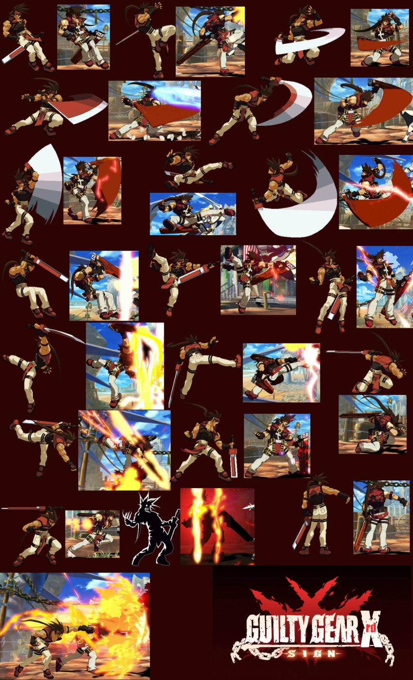 3d absurdres arc_system_works brown_hair comparison fire forehead_protector guilty_gear guilty_gear_xrd headband highres long_hair muscle official_art pixel_art ponytail screencap sol_badguy spiky_hair sprite_art sword thumbs_down weapon