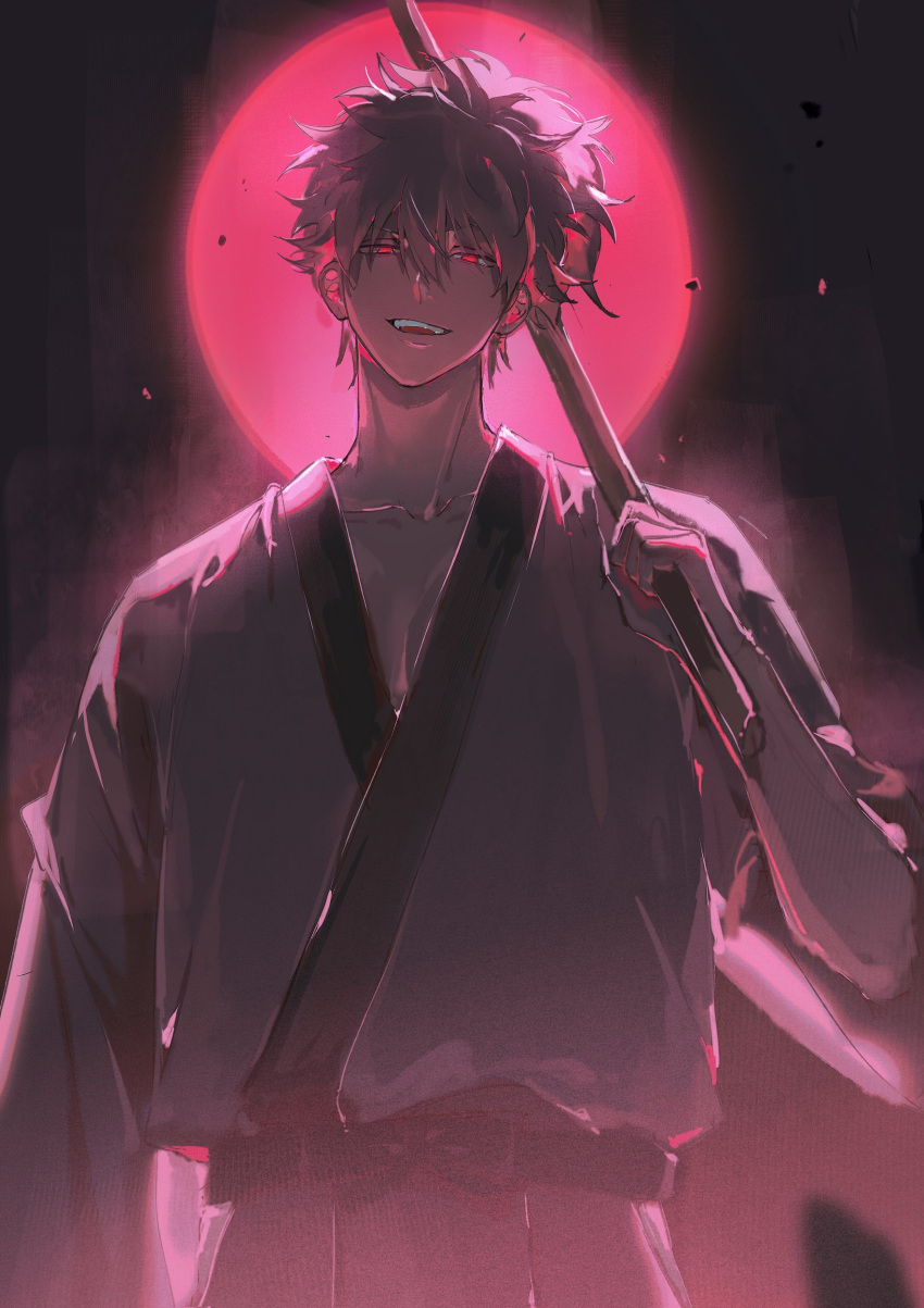 1boy absurdres arm_up black_sash black_trim chinese_commentary commentary_request cowboy_shot full_moon gintama highres holding holding_weapon japanese_clothes kimono long_sleeves looking_at_viewer male_focus moon open_mouth red_eyes sakata_gintoki sash short_hair smile solo teeth weapon xianyu_tuitui