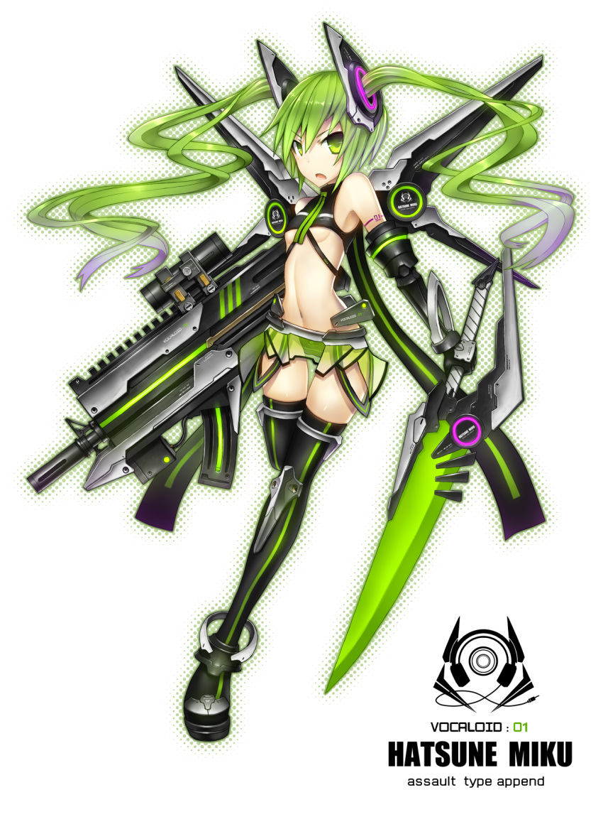 alternate_hair_color black_legwear dual_wielding gauntlets gia green_eyes green_hair gun hatsune_miku hatsune_miku_(append) highres long_hair looking_at_viewer mechanical_wings midriff navel open_mouth solo sword thigh-highs thighhighs twintails very_long_hair vocaloid vocaloid_append weapon wings