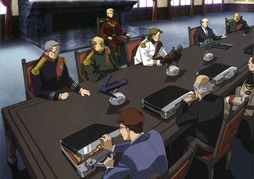 blonde_hair chair char's_counterattack char's_counterattack char_aznable epaulettes formal glasses gold gundam highres meeting military military_uniform model necktie old old_man suit suitcase table uniform