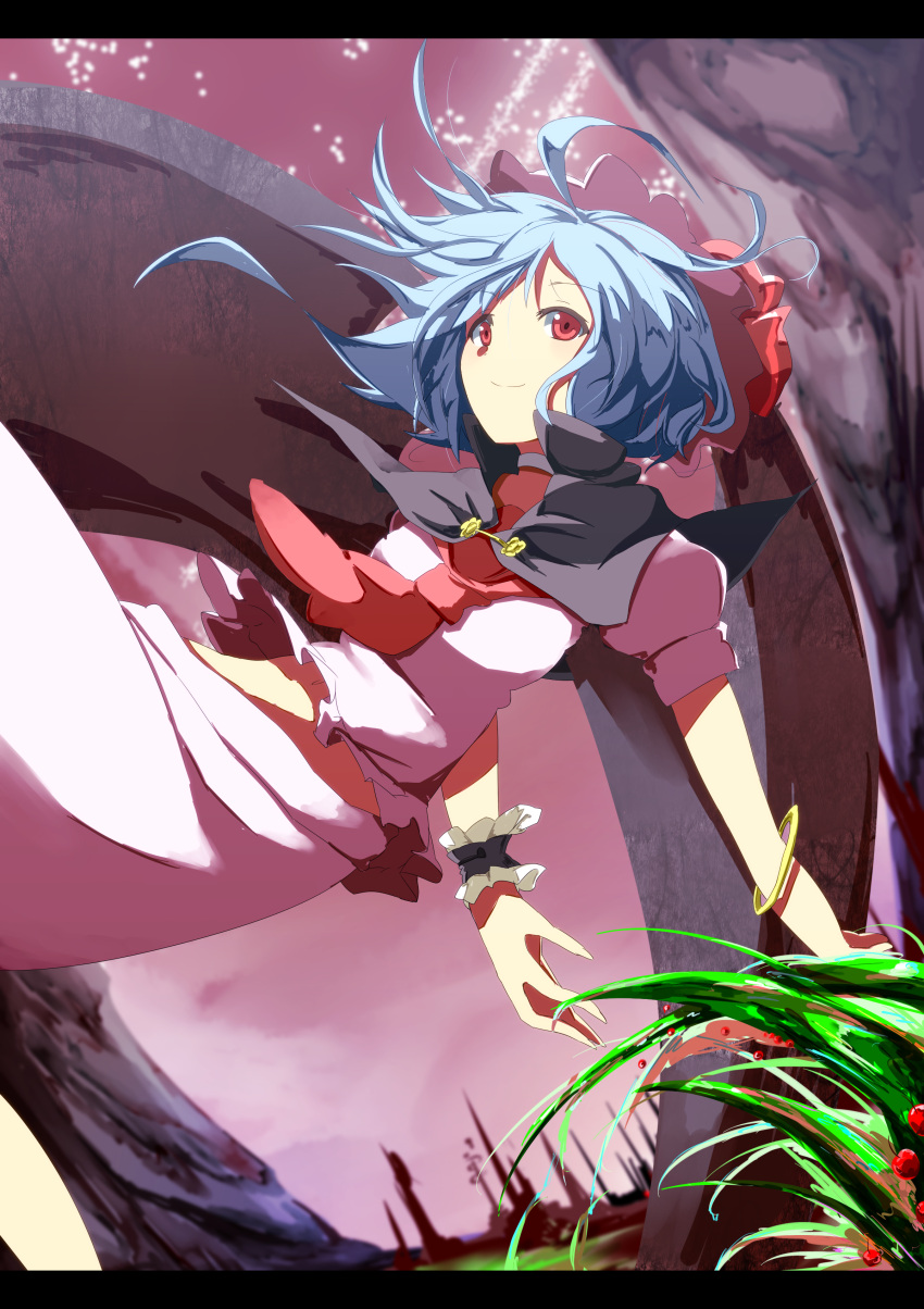 absurdres ascot bangle blue_hair bracelet cape capelet falling highres jewelry letterboxed minagokoro no_hat no_headwear red_eyes remilia_scarlet solo touhou tree wrist_cuffs