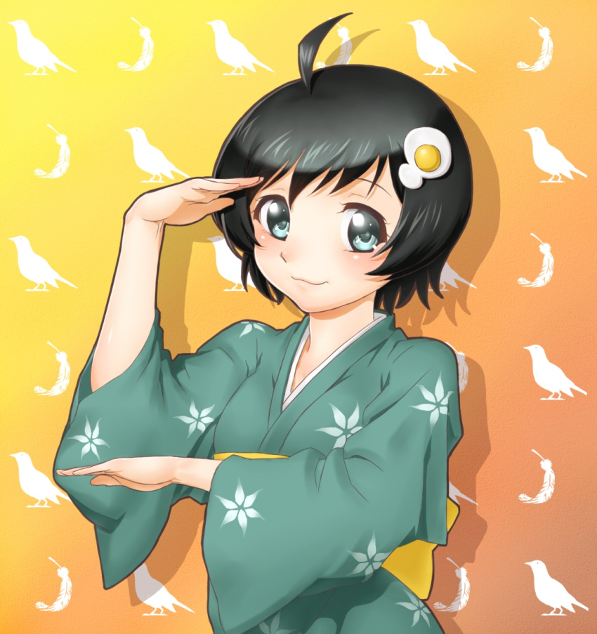 ahoge araragi_tsukihi black_hair blue_eyes blush fried_egg hair_ornament japanese_clothes kimono looking_at_viewer monogatari_(series) nisemonogatari onsoku_maru pose short_hair solo