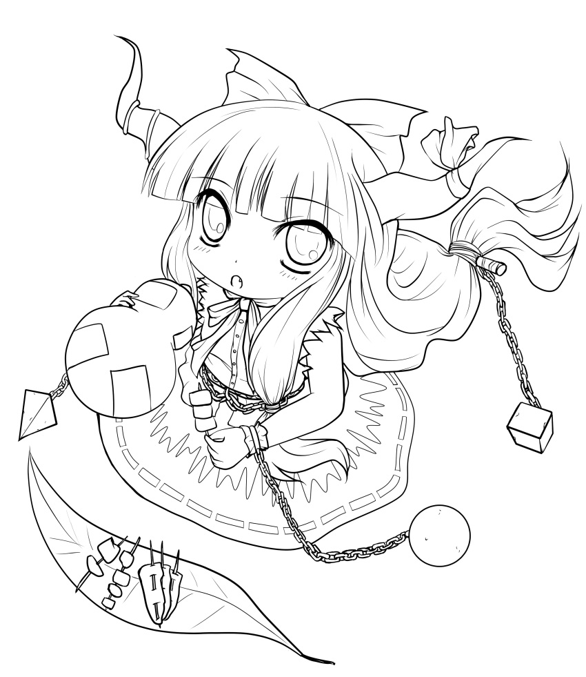 absurdres bow chain chains food hair_bow highres horns ibuki_suika lineart long_hair looking_at_viewer monochrome open_mouth sitting skewer solo touhou transparent_background yume_shokunin