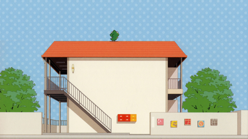 building hidamari_sketch mailbox outdoor sky stairs tree ume_aoki wall