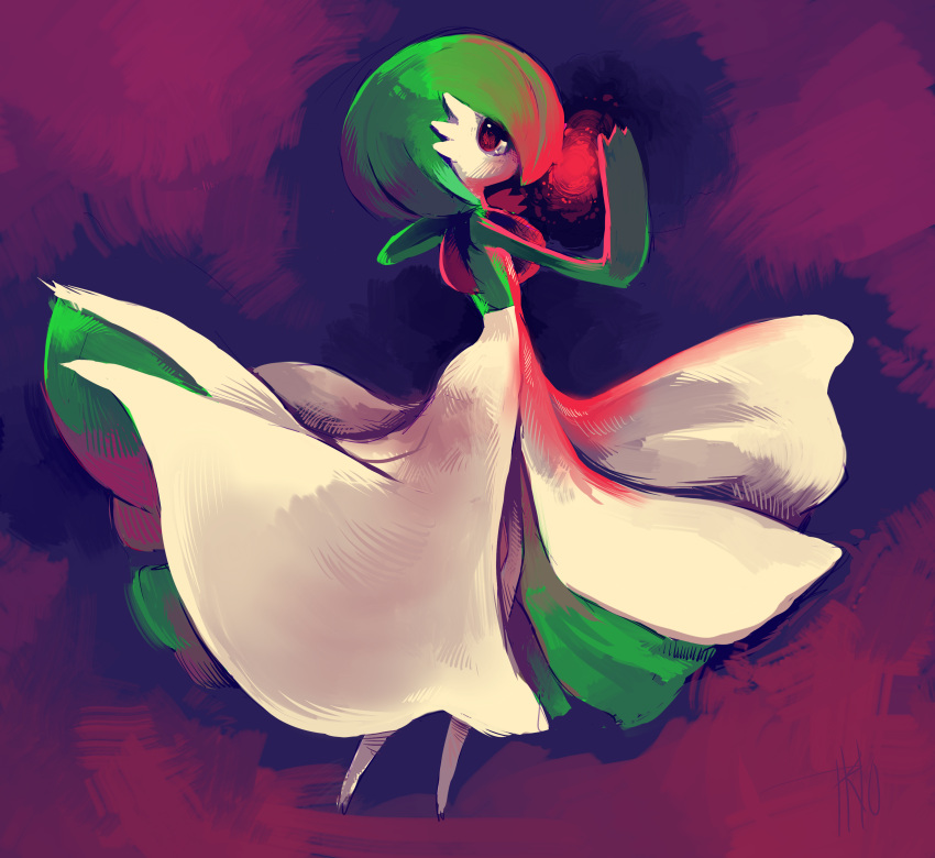 absurdres commentary creature energy_ball gardevoir highres looking_at_viewer looking_back no_humans pokemon pokemon_(creature) purplekecleon red_eyes solo standing