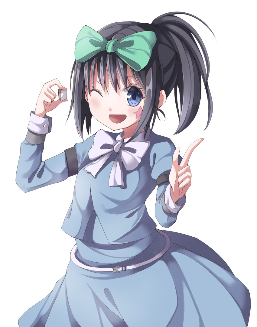 ;d absurdres bad_id black_hair blue_eyes bow character_request copyright_request gurasion_(gurasion) hair_ribbon highres holding kunihiro_hajime open_mouth ponytail ribbon saki simple_background smile solo star white_background wink