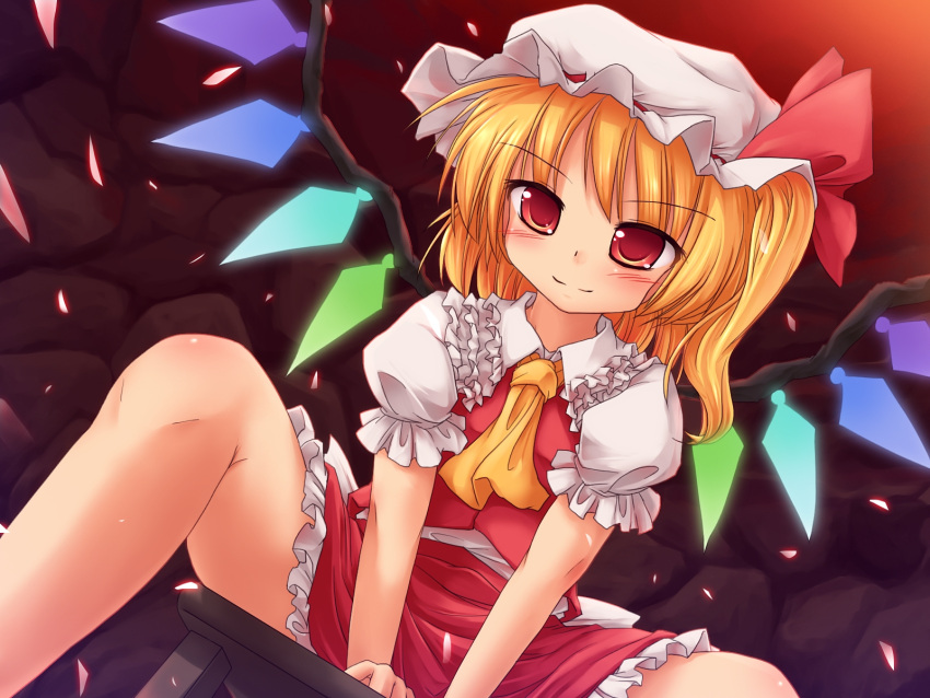 4wings ascot blonde_hair flandre_scarlet hat highres long_hair lzh red_eyes sitting skirt skirt_set smile solo touhou wings