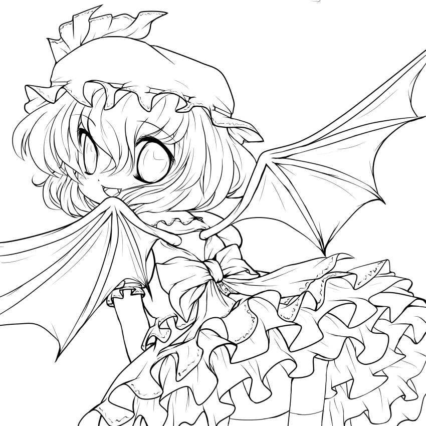 absurdres bat_wings bird bow cross dress fangs from_behind hat highres lineart looking_at_viewer monochrome open_mouth remilia_scarlet ribbon smile solid_black_thumbnail solo touhou transparent_background wings yume_shokunin