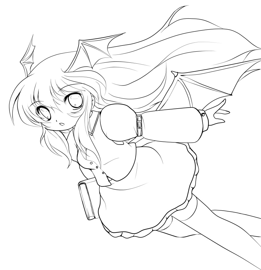 absurdres bat_wings belt book chibi head_wings highres koakuma lineart looking_at_viewer monochrome necktie open_mouth solid_black_thumbnail solo thigh-highs thighhighs touhou transparent_background vest wings yume_shokunin
