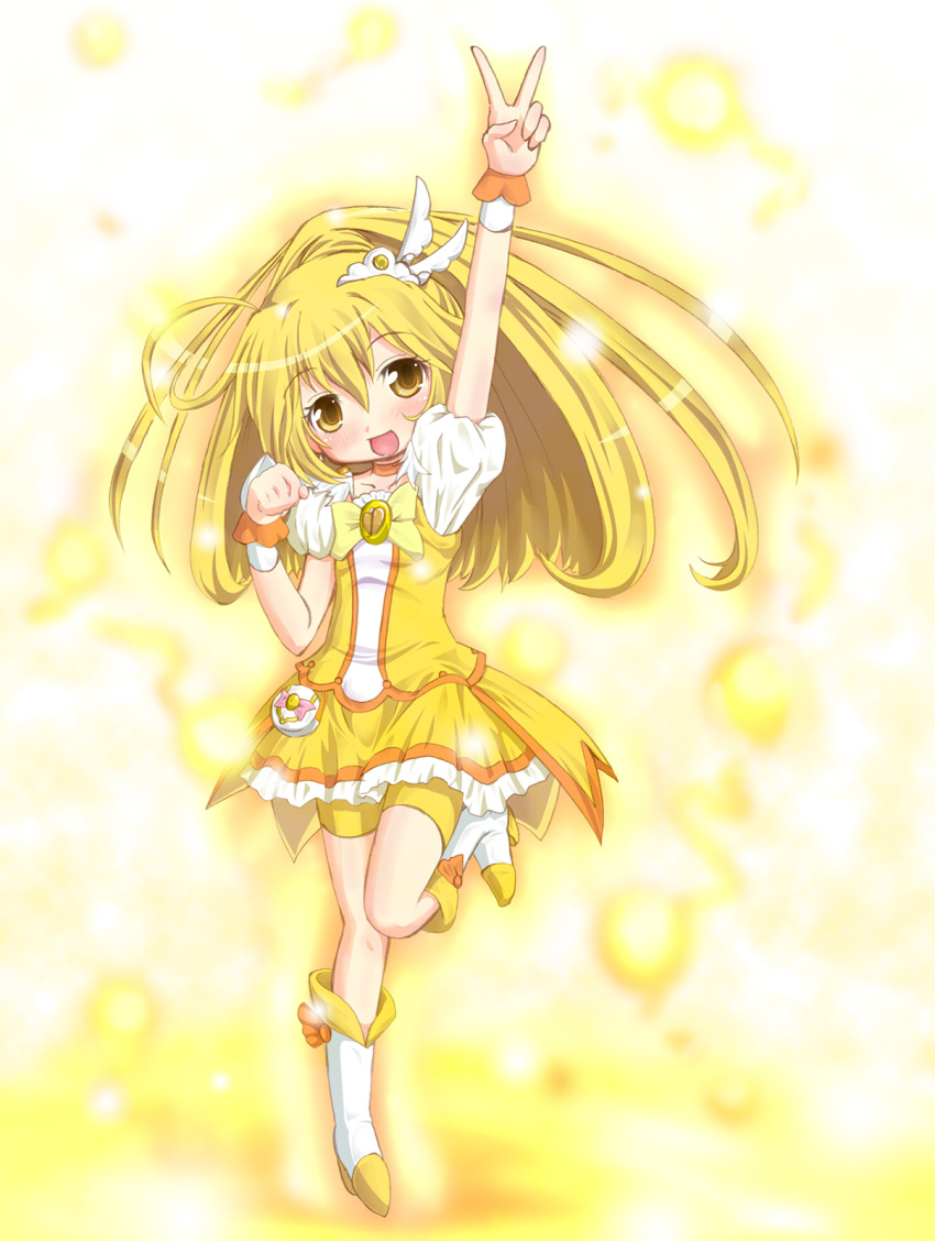 :d arm_up blonde_hair blush cure_peace highres kise_yayoi leg_up long_hair magical_girl open_mouth ponytail precure sakuraebi_chima skirt smile smile_precure! solo standing_on_one_leg v wrist_cuffs yellow_eyes
