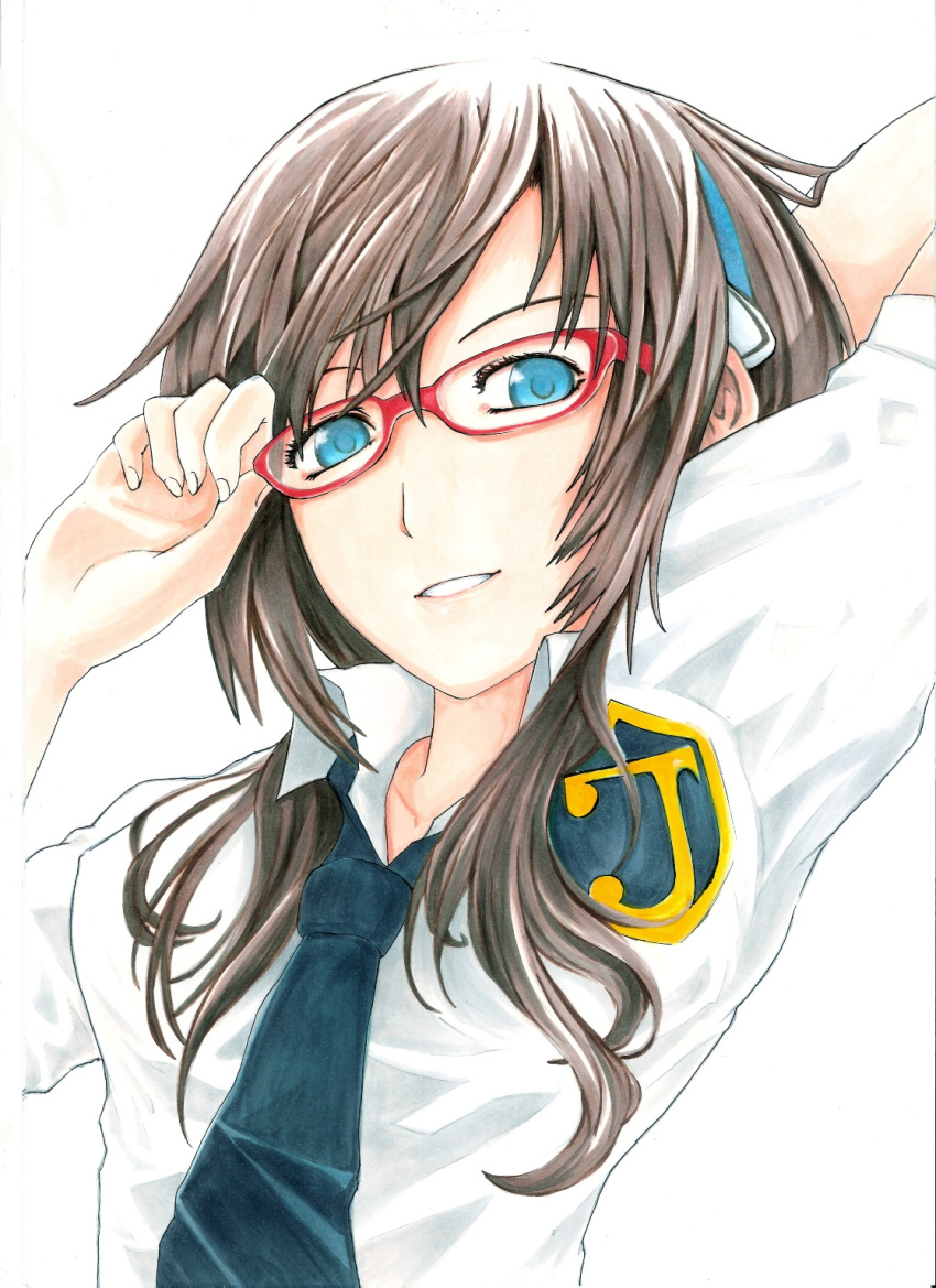 adjusting_glasses blue_eyes brown_hair bust devildogs evangelion:_2.0_you_can_(not)_advance face glasses graphite_(medium) hairband highres jewelry long_hair looking_at_viewer makinami_mari_illustrious marker_(medium) necklace neon_genesis_evangelion rebuild_of_evangelion red-framed_glasses school_uniform smile solo traditional_media white_background