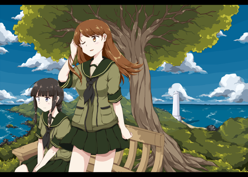 2girls adjusting_hair any_(lucky_denver_mint) bangs bench black_hair blunt_bangs braid brown_hair clouds cover cover_page doujin_cover kantai_collection kitakami_(kantai_collection) letterboxed lighthouse long_hair multiple_girls ocean one_eye_closed ooi_(kantai_collection) pleated_skirt scenery school_uniform serafuku skirt sky