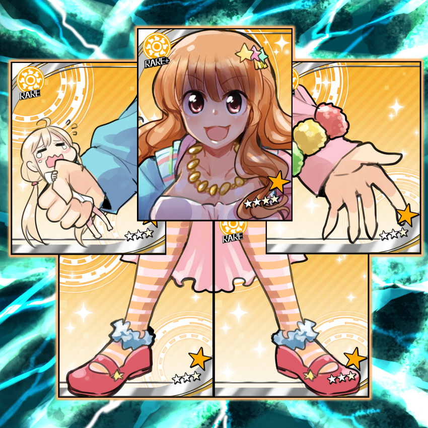 &gt;:) &gt;:d 2girls :3 :d barefoot blonde_hair bracelet brown_hair card clenched_hand crying d: exodia exodia_the_forbidden_one futaba_anzu giant hair_ornament highres hitsuji_bako holding idolmaster idolmaster_cinderella_girls jewelry long_hair long_sleeves looking_at_viewer mary_janes moroboshi_kirari multiple_girls necklace open_hand open_mouth parody shoes skirt smile star_hair_ornament striped striped_legwear tears twintails wavy_mouth yu-gi-oh! yuu-gi-ou yuu-gi-ou_duel_monsters