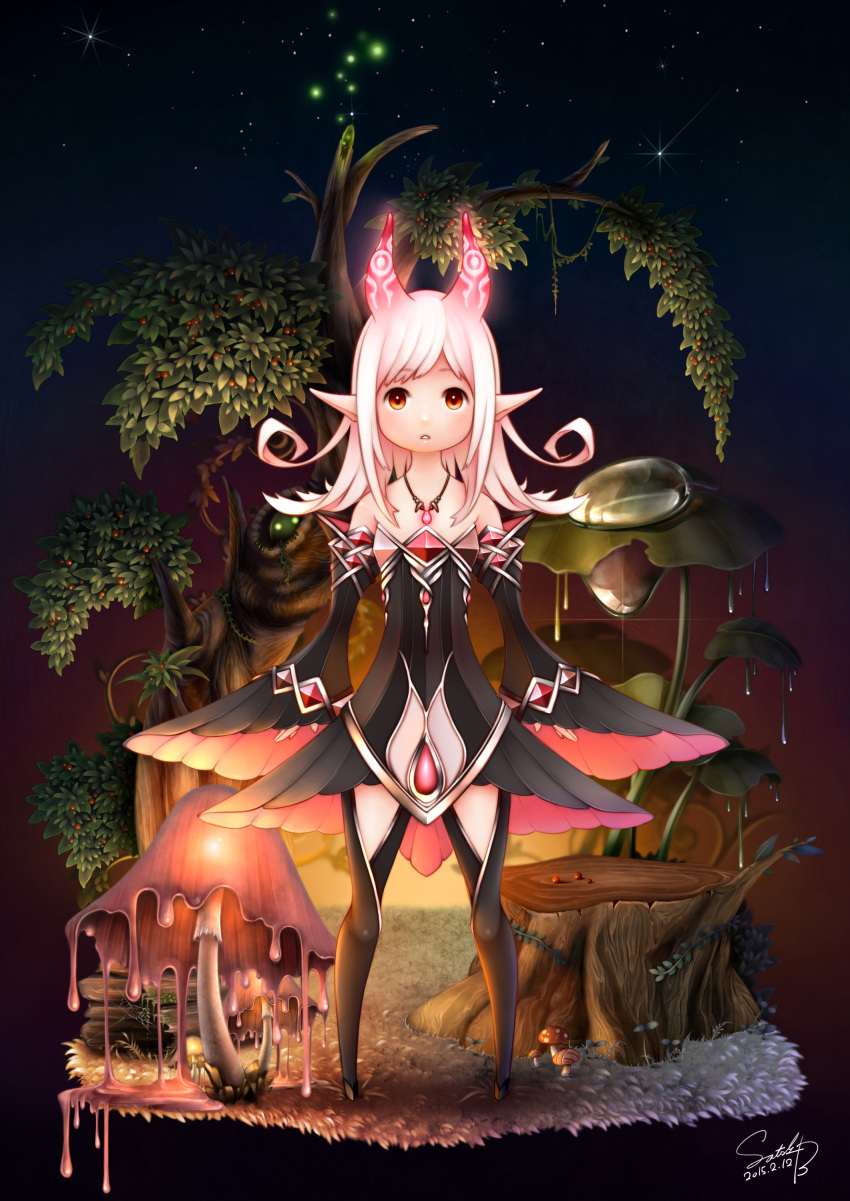 1girl absurdres bare_shoulders bouno_satoshi detached_sleeves dress fireflies full_body glowing glowing_eyes green_eyes highres horns jewelry long_hair looking_at_viewer melting mushroom necklace orange_eyes original parted_lips pigeon-toed pink_hair pointy_ears silk sky solo_focus spider_web standing star_(sky) starry_sky stump tree tree_shade