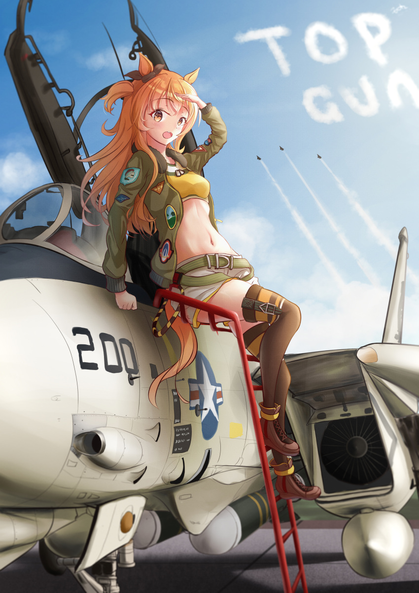 1girl absurdres aircraft airplane breasts fighter_jet fritz614 highres jet mayano_top_gun_(umamusume) military military_vehicle self_upload small_breasts umamusume