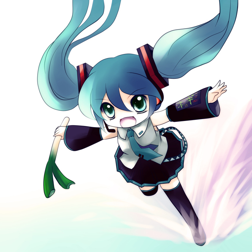 hatsune_miku highres long_hair necktie no_nose open_mouth skirt smile solo spring_onion thigh-highs thighhighs twintails vocaloid yume_shokunin