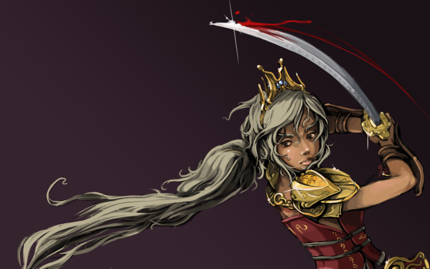 armor blood highres joakim_sandberg long_hair shiny sword tiara weapon white_hair