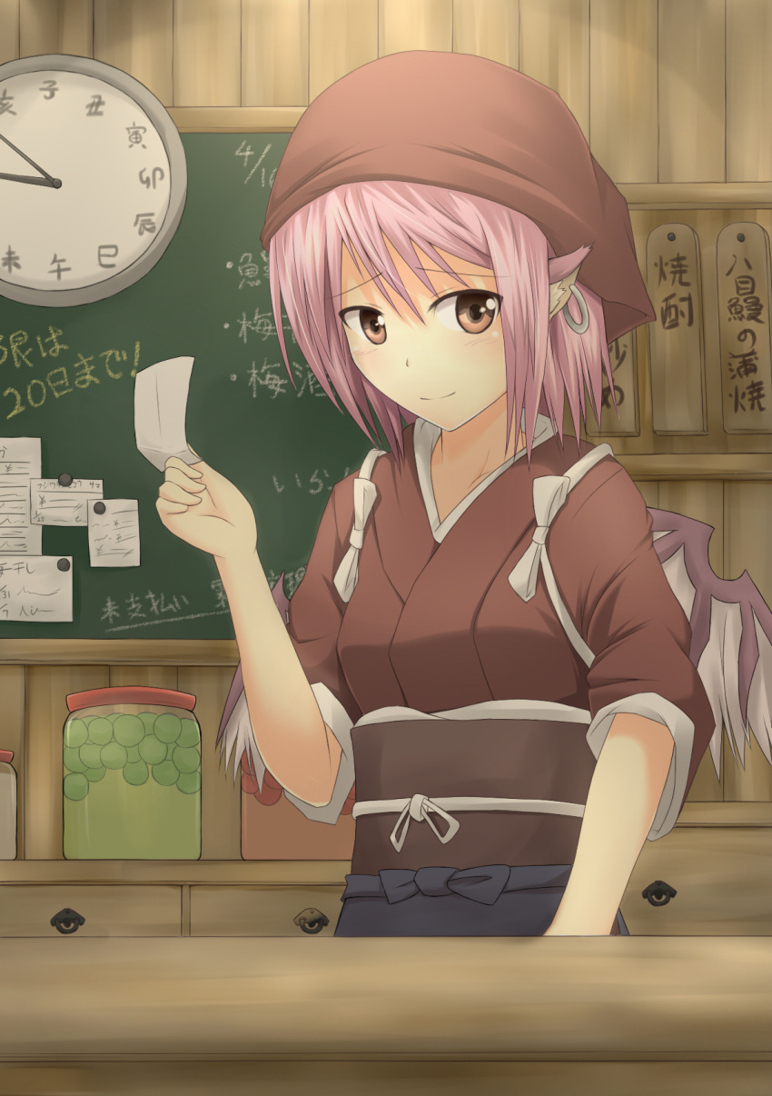 brown_eyes chalkboard clock head_scarf highres japanese_clothes jar mystia_lorelei obi okamisty pink_hair short_hair smile solo tasuki teru_(kazanawa) ticket touhou wings