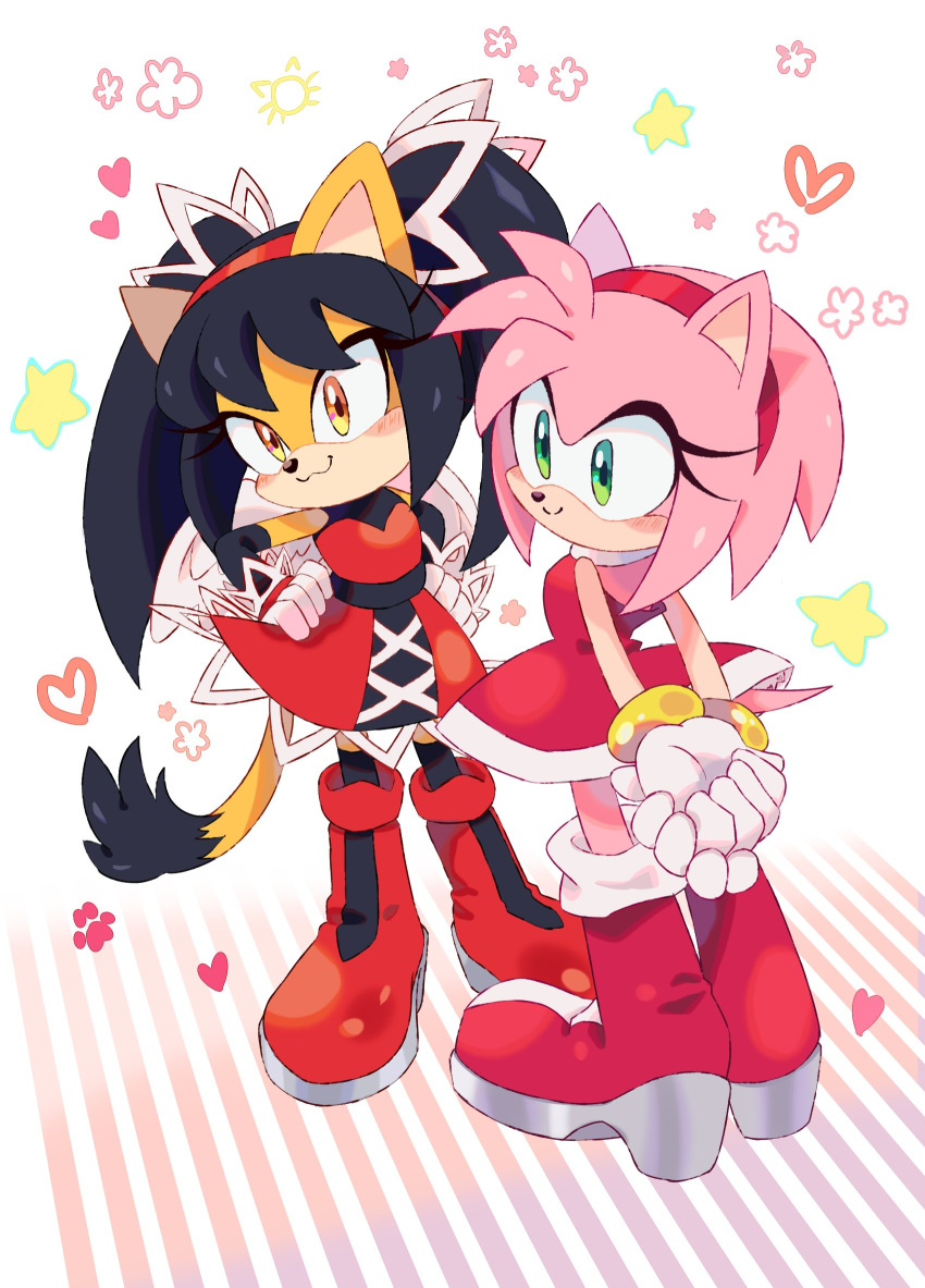 2girls amy_rose animal_ears animal_nose arms_behind_back black_hair boots cat_girl dress eyelashes furry furry_female green_eyes hairband hedgehog_girl highres honey_the_cat multiple_girls pink_hair red_boots red_dress red_hairband ririkuma0530 smile sonic_(series) twintails yellow_eyes