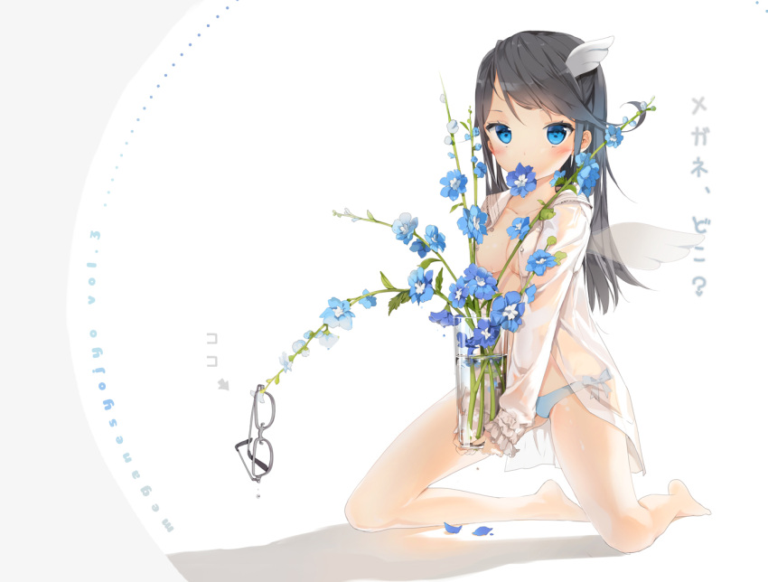 anmi black_hair blue_eyes blue_panties blush breasts flower glasses glasses_removed head_wings kneeling long_hair looking_at_viewer naked_shirt nearly_naked_shirt open_clothes open_shirt original panties see-through solo underwear vase wings