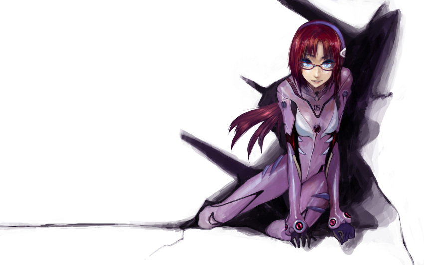 1680x1050 adjusting_glasses blue_eyes brown_hair danann evangelion:_2.0_you_can_(not)_advance glasses hairband highres long_hair looking_at_viewer makinami_mari_illustrious neon_genesis_evangelion rebuild_of_evangelion red-framed_glasses smile solo white_background