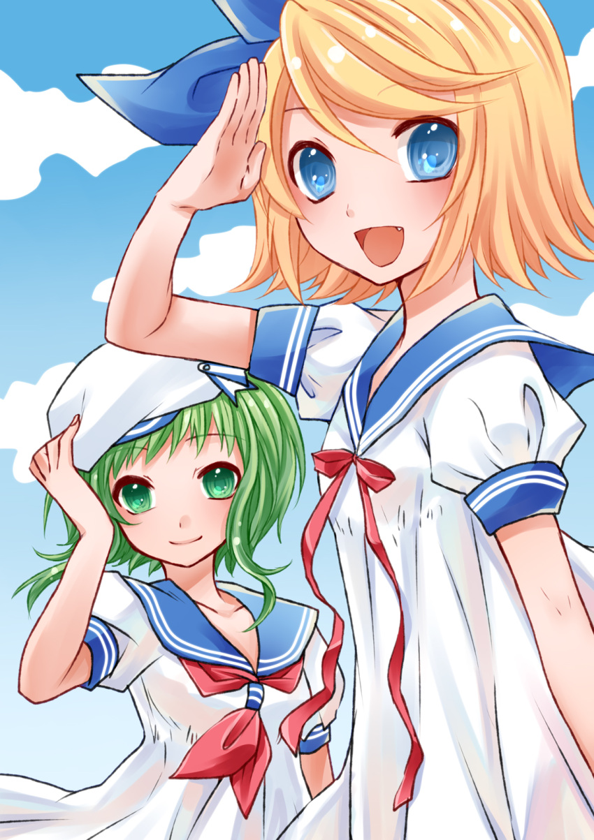 alternate_costume blonde_hair blue_eyes bow fang green_eyes green_hair gumi hair_bow hat highres kagamine_rin looking_at_viewer multiple_girls open_mouth sailor sailor_collar sailor_hat salute short_hair smile vocaloid yayoi_(egoistic_realism)