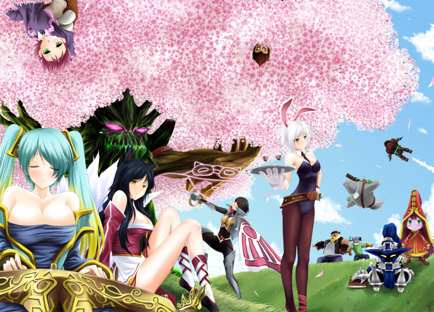 animal_ears annie_hastur bare_shoulders boots breasts bunny_ears bunnysuit cleavage corki everyone fiora_laurent gragas large_breasts laurent_fiora league_of_legends long_hair lulu_(league_of_legends) makishima_rin maokai nautilus_(league_of_legends) olaf pantyhose purple_hair purple_skin rabbit_ears riven_(league_of_legends) sona_buvelle teemo thigh_boots thighhighs tree urf veigar wukong