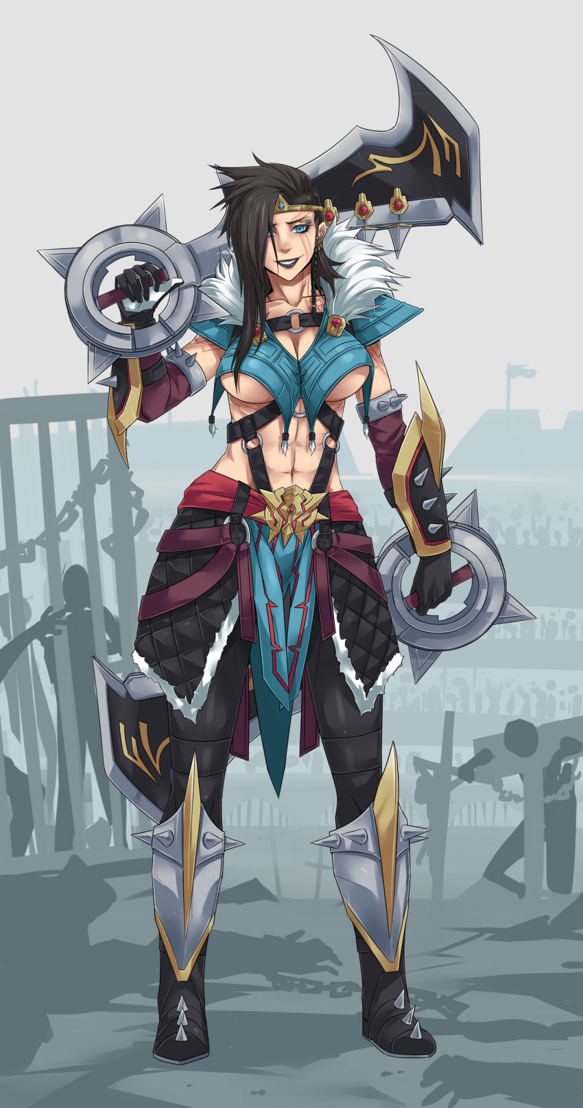 1girl abs absurdres asymmetrical_hair black_hair black_lipstick blue_eyes boots braid breasts circlet cleavage detached_sleeves draven dual_wielding earrings facial_mark faulds fringe full_body genderswap gloves greaves grin hair_over_one_eye highres huge_weapon jewelry kuma_x large_breasts league_of_legends lipstick makeup navel over_shoulder shoulder_pads single_braid smile solo spikes sword sword_over_shoulder under_boob vambraces weapon weapon_over_shoulder