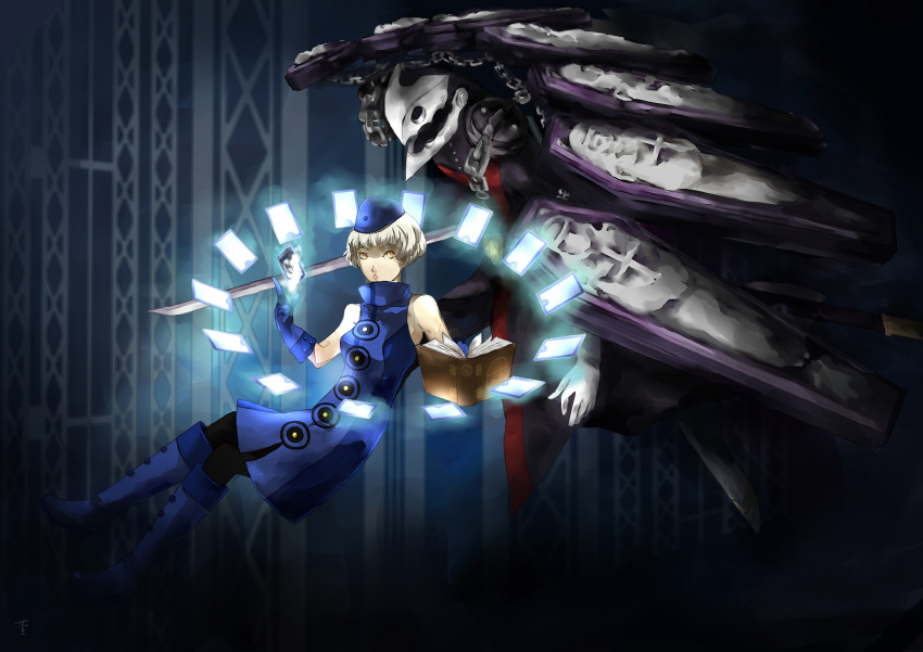 bare_shoulders boots chain chains dress elizabeth_(persona) gloves hat highres pantyhose persona persona_3 persona_4:_the_ultimate_in_mayonaka_arena sleeveless sleeveless_dress thanatos white_hair yellow_eyes