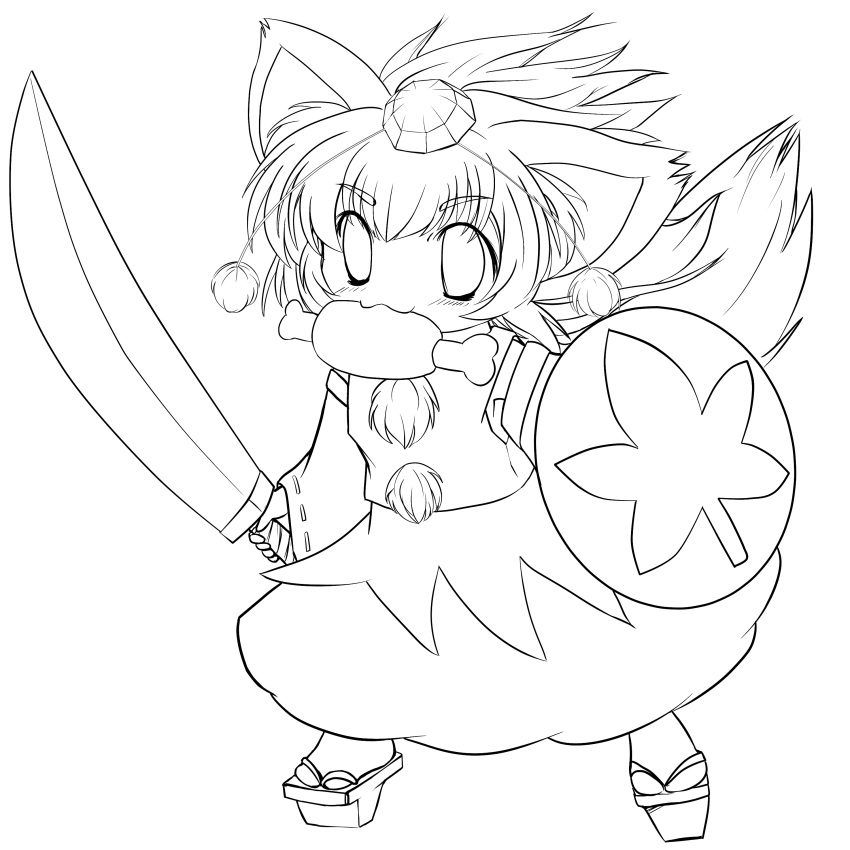 absurdres animal_ears boned_meat detached_sleeves food hat highres inubashiri_momiji lineart meat monochrome mouth_hold shield short_hair solo sword tail tokin_hat touhou transparent_background weapon wolf_ears wolf_tail yume_shokunin